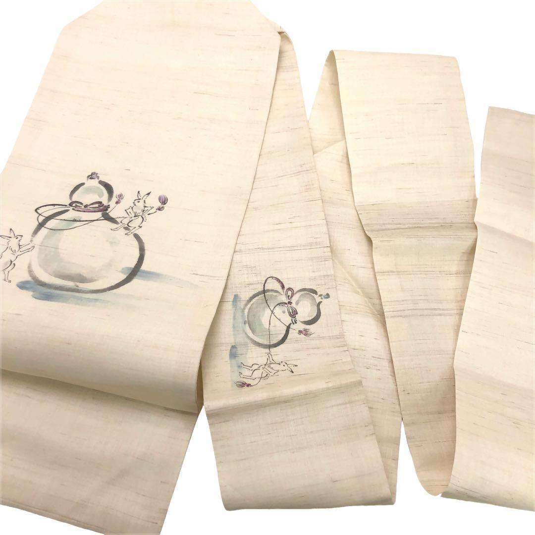 O-2750 夏帯 麻 名古屋帯 手描き 鳥獣戯画 兎 瓢箪 生成色 | JChere