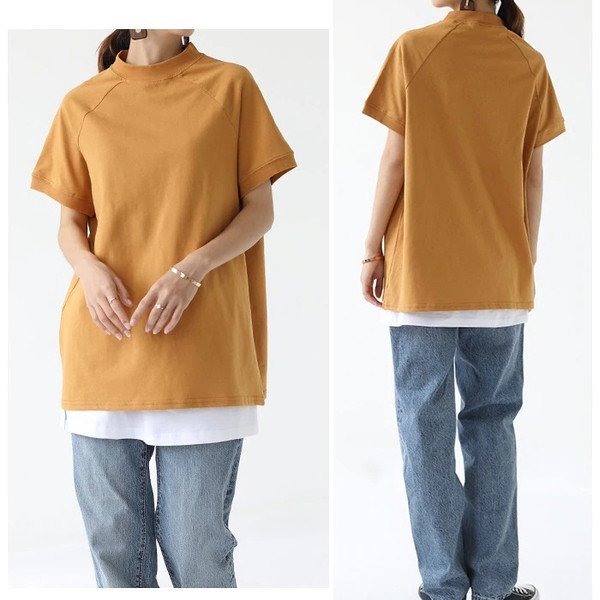 XL イエロー Tシャツ カットソー レディース ボーダー 無地 半袖 モックネック 体型カバー ゆったり オーバーサイズ トップス 春 夏