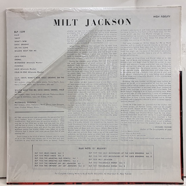 レコード ○即決LP Milt Jackson and Thelonious Monk quintet blp1509 j36989 低価格で販売 