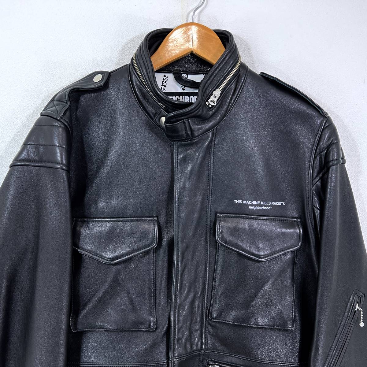 【極美品】NEIGHBORHOOD レザー M-65 EM SL JKT M ブラック ジャケット シープ ライダース 黒 ネイバーフッド_画像4