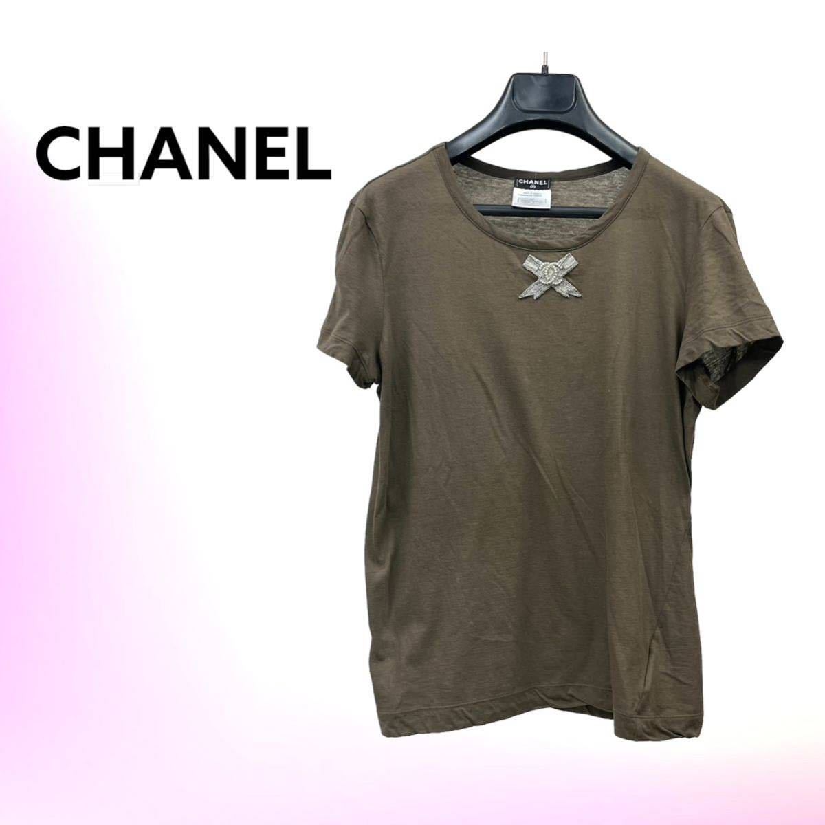 高級 CHANEL シャネル 09P P35187K02073 ココマーク リボン パール ビーズ装飾 コットン 半袖Tシャツ レディースの画像1