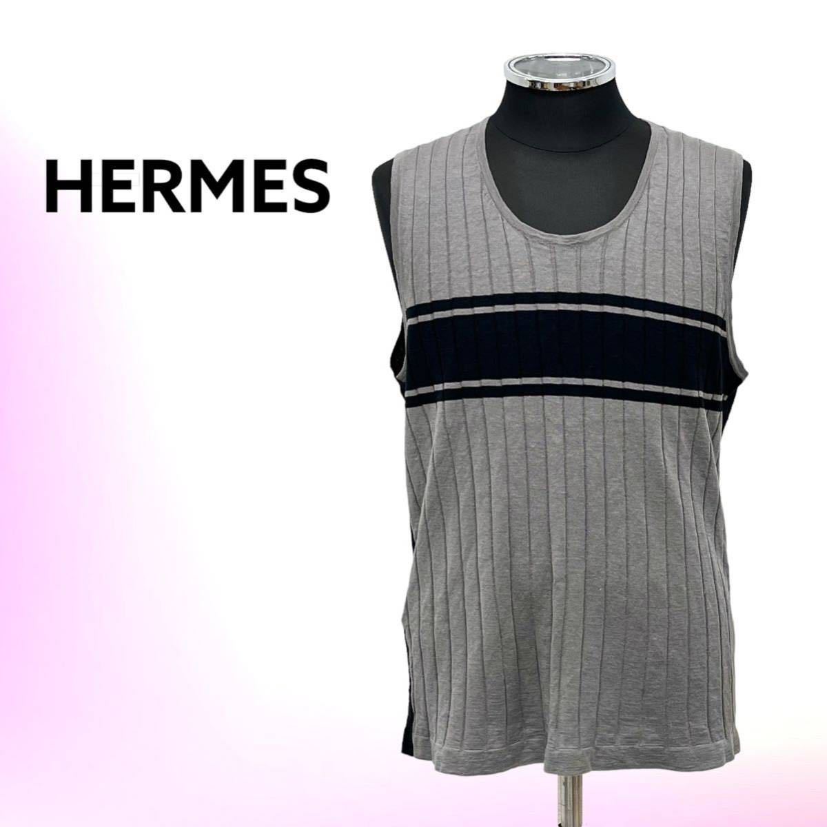 高級 HERMES エルメス 2018年モデル リネン コットン バイカラー ノースリーブ タンクトップ カットソー レディース_画像1