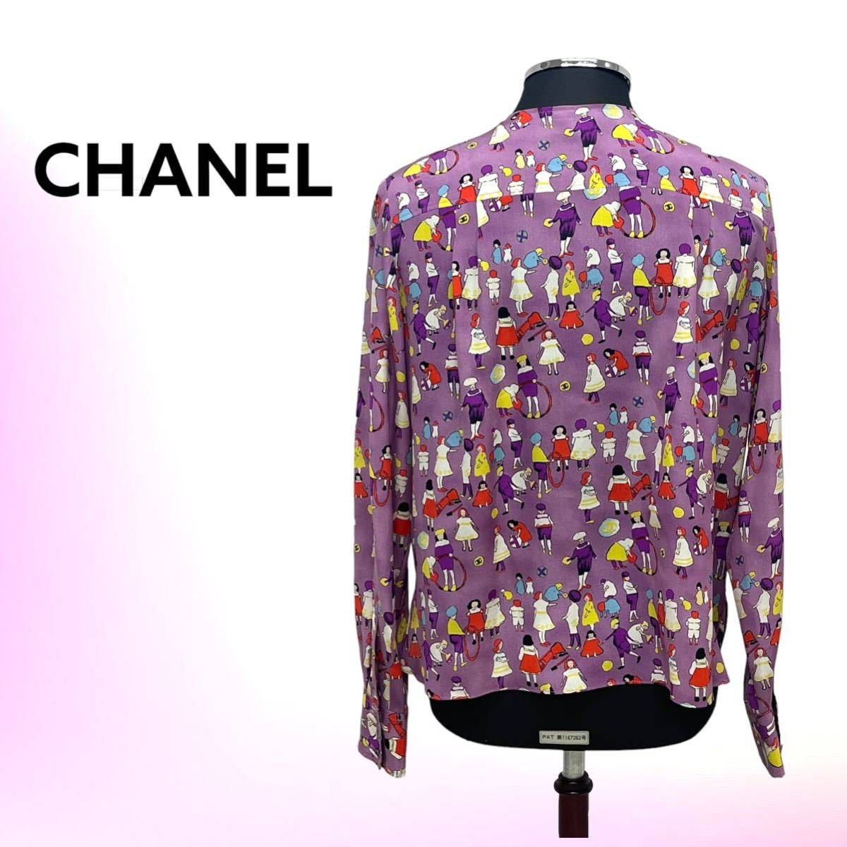 高級 CHANEL シャネル 01P P17264V09777 ココマーク 人柄 総柄 シルク100% 長袖シャツ ブラウス レディース_画像2