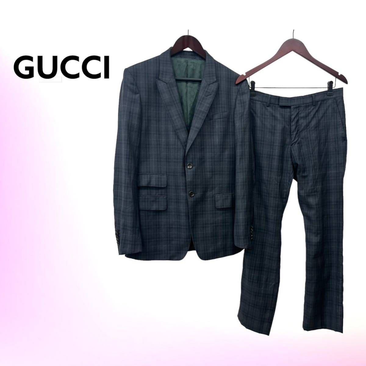 高級 GUCCI グッチ ミケーレ期 ウール チェック柄 裏地GG柄 2Bシングルテーラードジャケット＆スラックスパンツ セットアップスーツ  473281