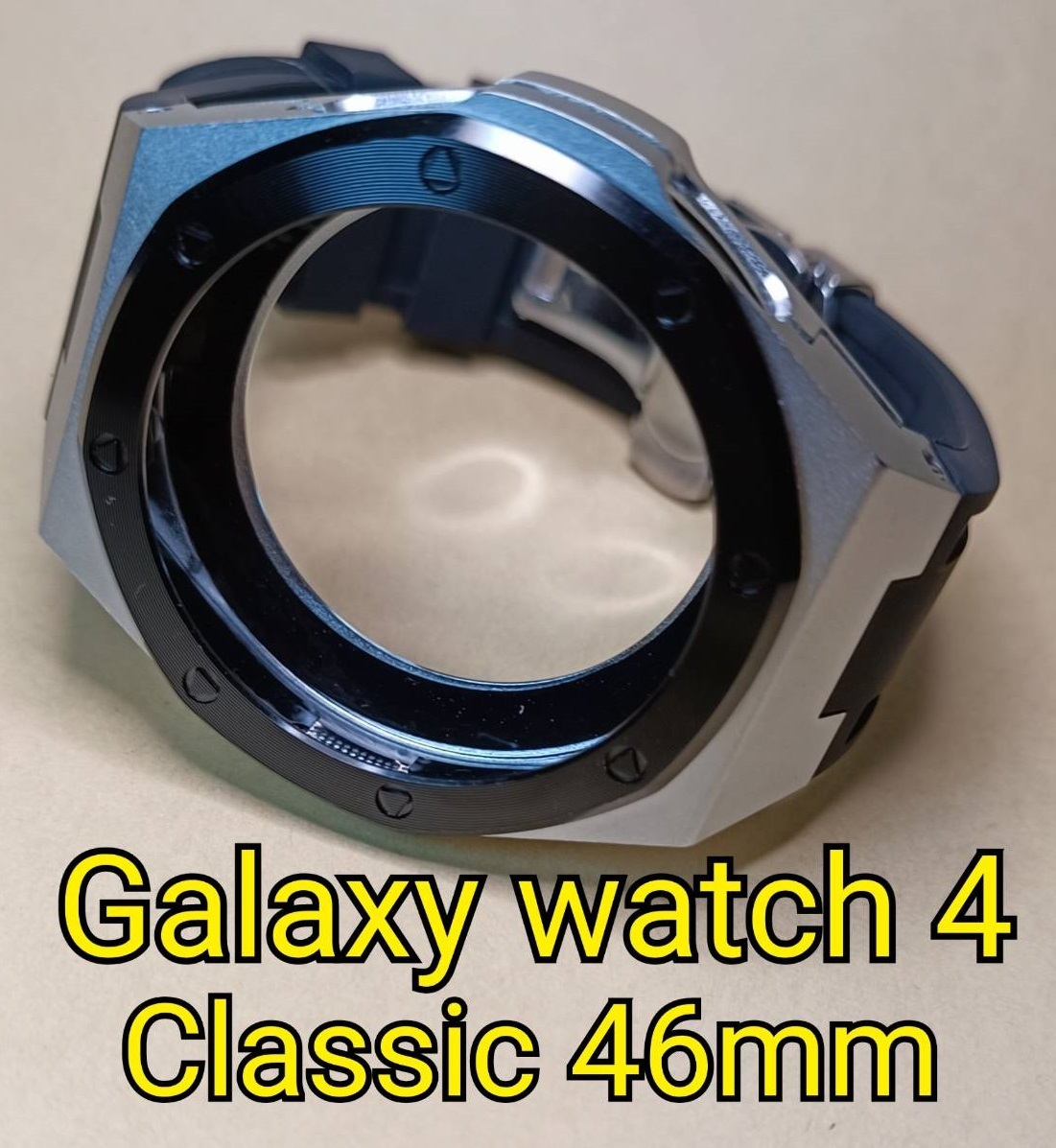 銀黒 サムスン ギャラクシーウォッチ4 クラシック 46mm Samsung Galaxy Watch 4 Classic 専用メタルケース ラバーバンド カスタム MOD 金属_画像1