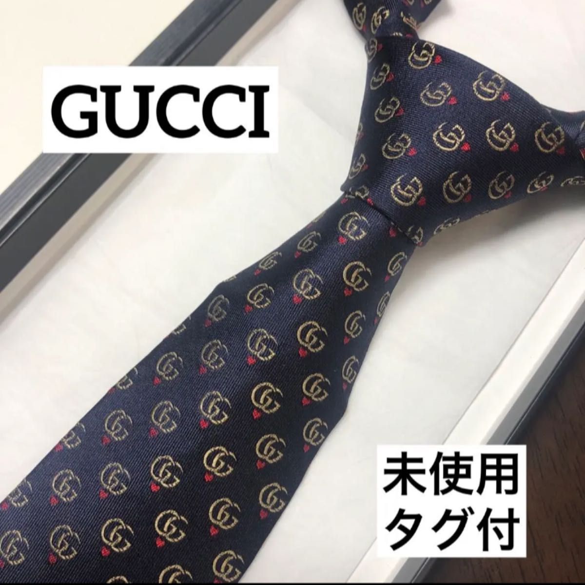 GUCCI グッチ 美品 ネクタイ 最高級シルク GGライン GG柄 紺 赤 Yahoo 