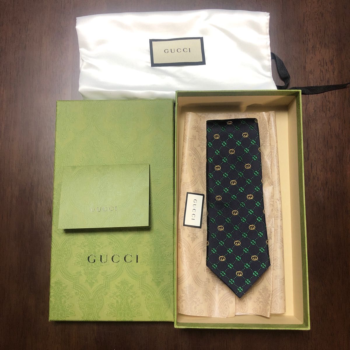 箱付 GUCCI グッチ ネクタイ 紺・緑 GG 四つ葉クローバー-