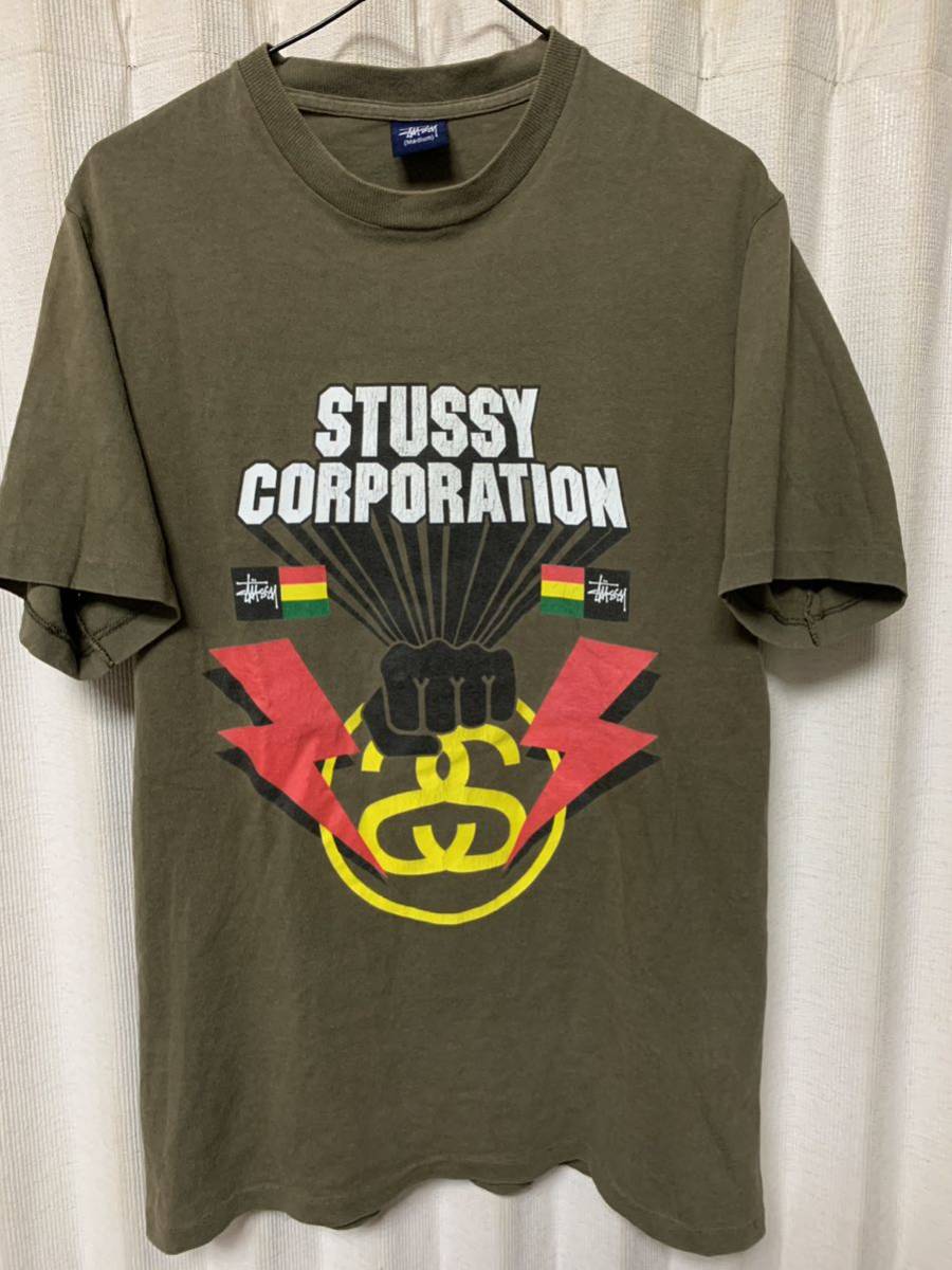 90's Stussy CORPORATION TEE vintage ステューシー コーポレーション ロゴ Tシャツ サイズM カーキ オリーブ archive 紺タグ_画像1