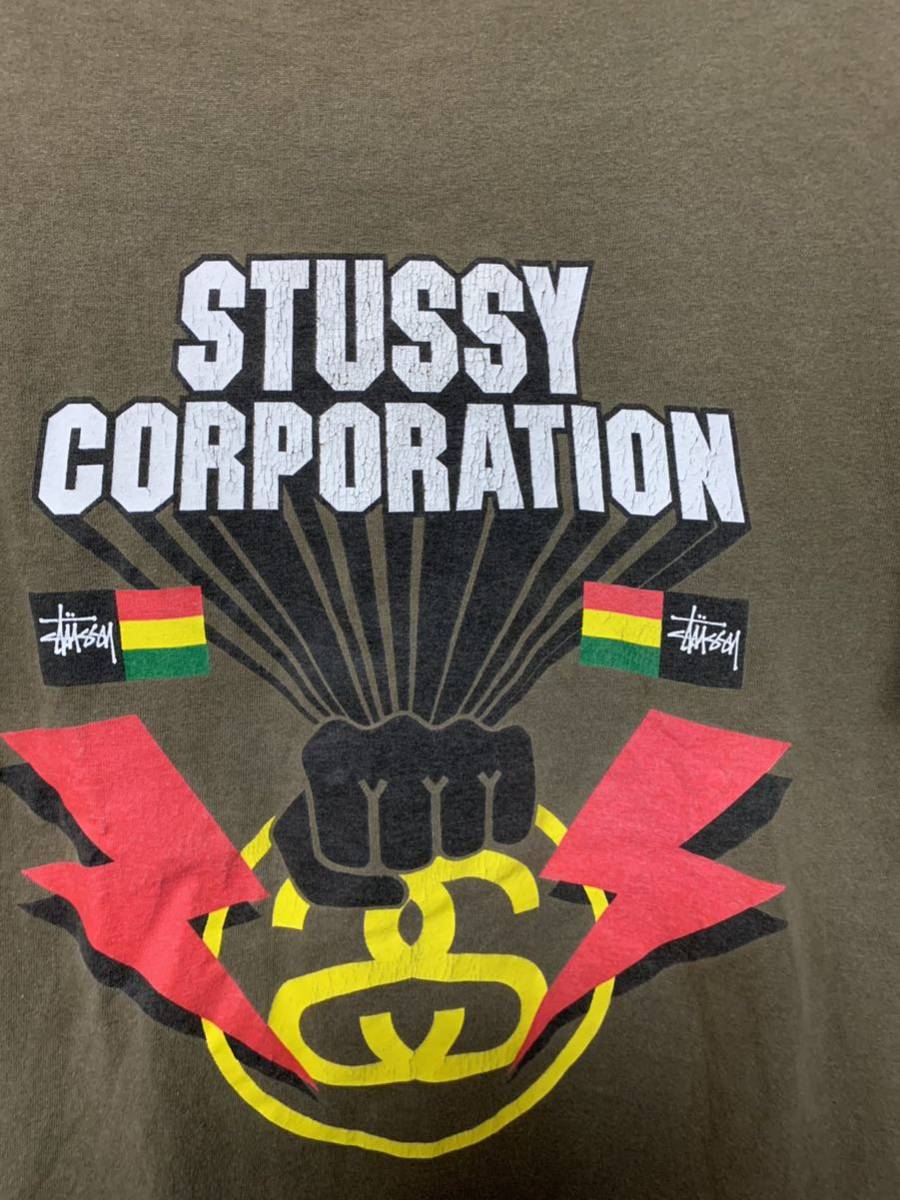 90's Stussy CORPORATION TEE vintage ステューシー コーポレーション ロゴ Tシャツ サイズM カーキ オリーブ archive 紺タグ_画像4
