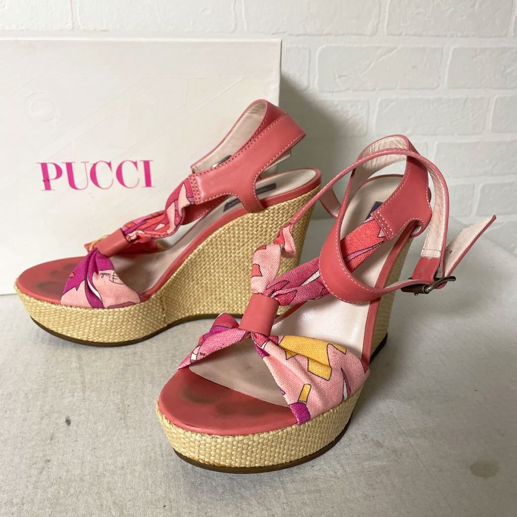 3509★ 箱付き EMILIO PUCCI エミリオプッチ サンダル ウェッジソール ストラップ 37 24ほど レディース ピンク_画像1