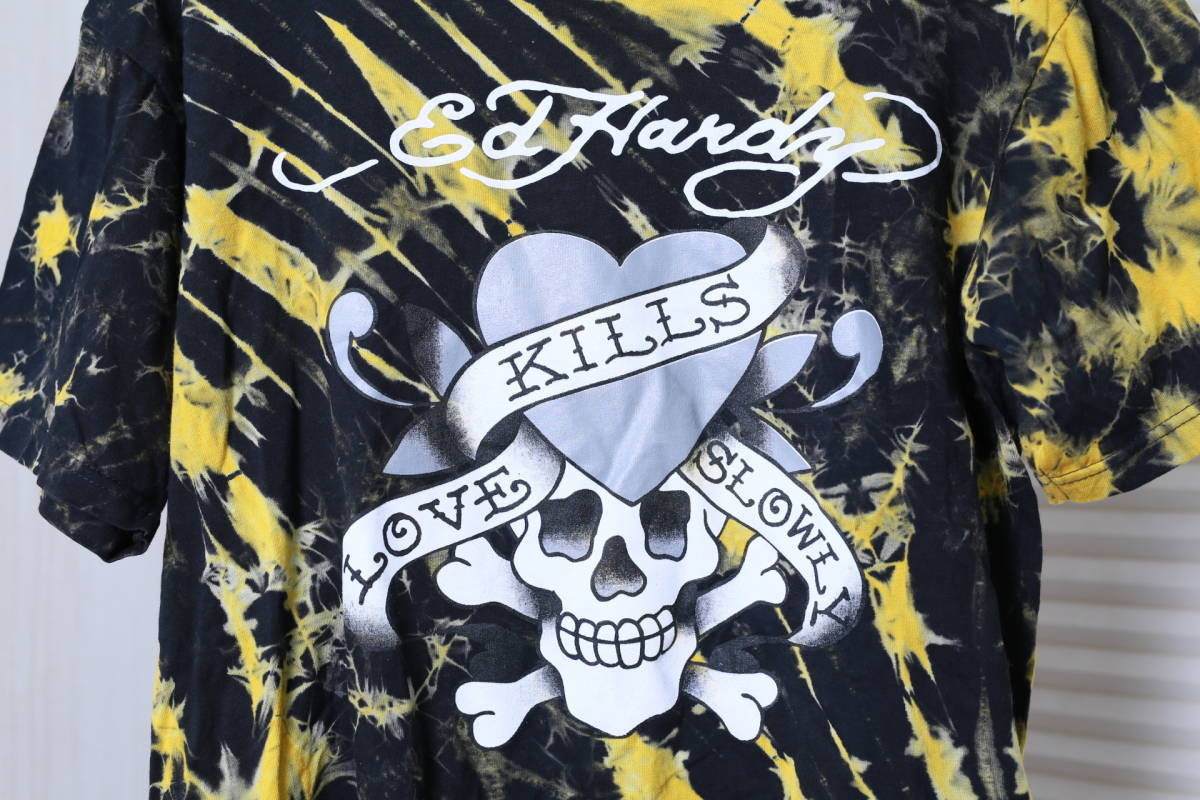 ★Ed Hardy エドハーディー タイダイ柄プリント半袖Tシャツ　古着ユーズド男性メンズL黄色イエロー黒ブラック服トップス中古タトゥー入れ墨_画像6