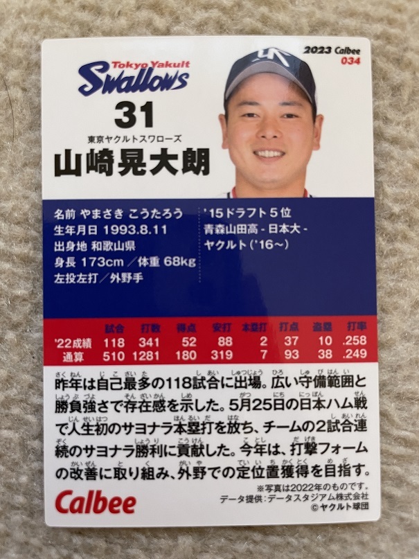 プロ野球チップス 2023 第1弾 東京ヤクルトスワローズ 山崎 晃大朗 レギュラーカードの画像2
