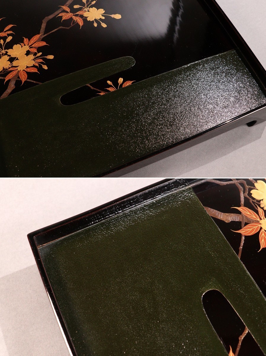 CE62 輪島塗 桜霧文様金蒔絵黒塗卓上膳 五客 青漆 足付四方膳 木製漆器
