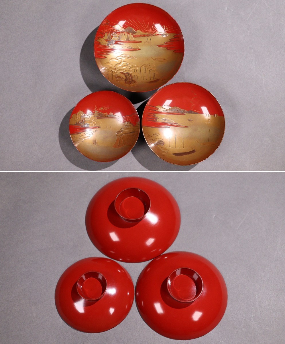 CE36 時代木製漆器輪島 山水金蒔絵朱塗三ツ盃揃 蔦蔓蒔絵黒塗盃台 木箱