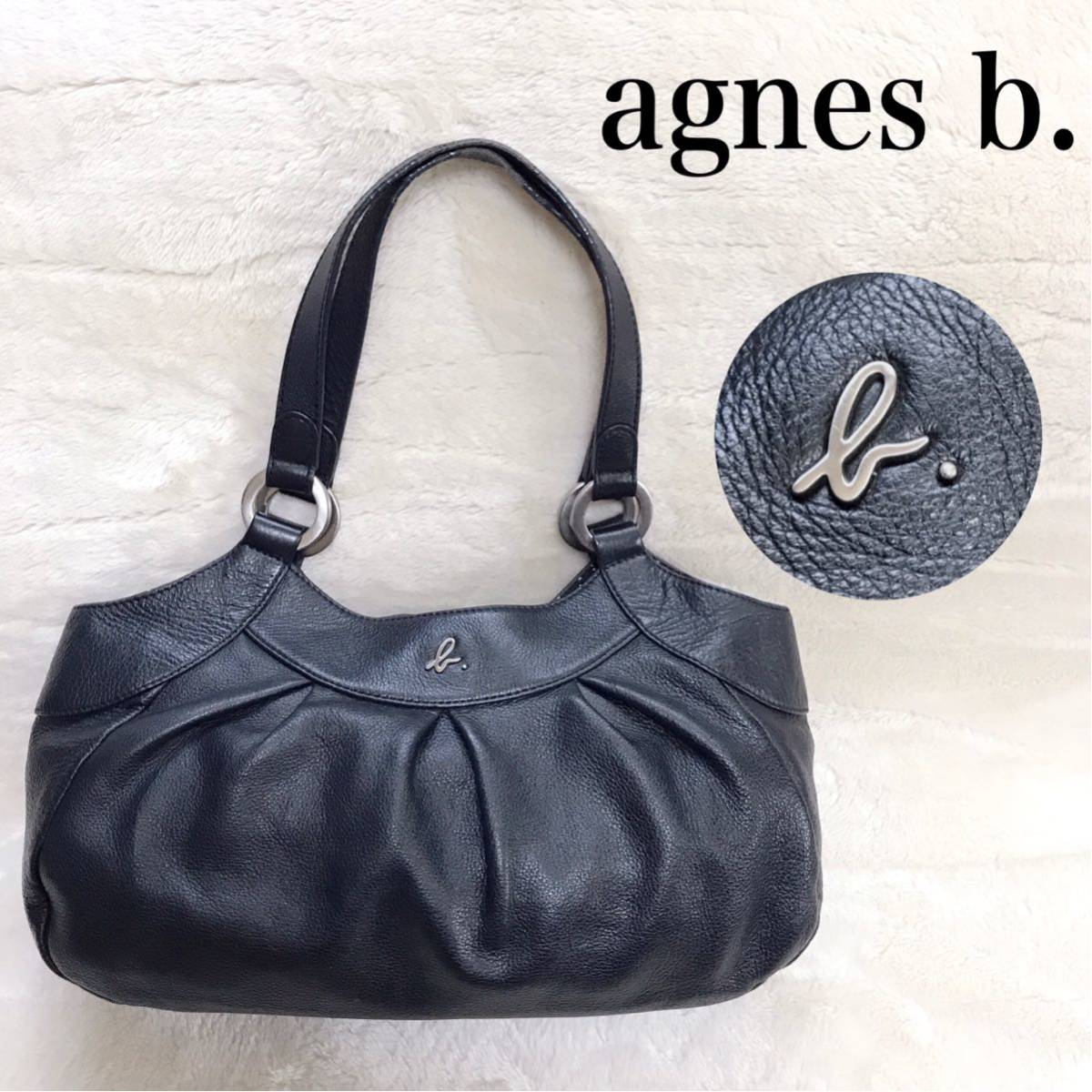 美品 agnes b オールレザー ショルダーバッグ トートバッグ ドット 黒