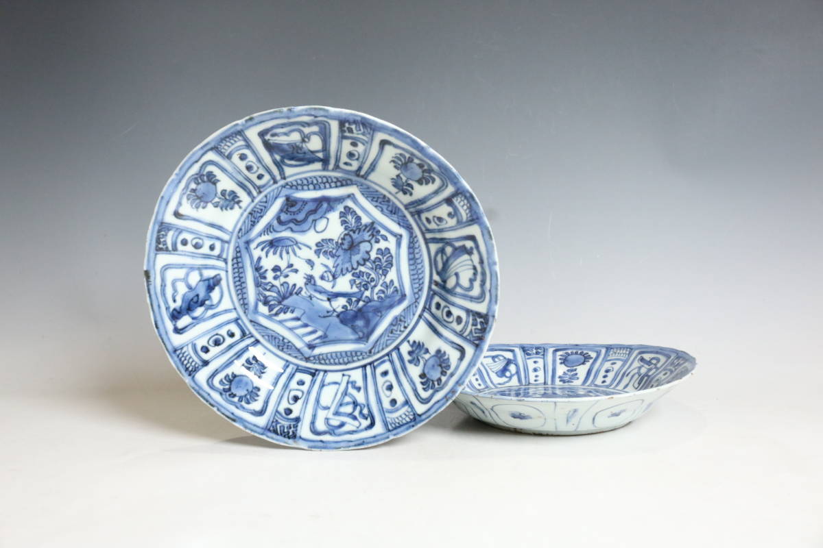 中国美術 青花花鳥紋盤 南京古染付 芙蓉手皿 一対(H253