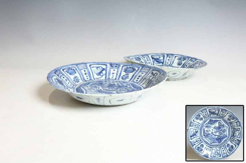 中国美術 青花花鳥紋盤 南京古染付 芙蓉手皿 一対(H253