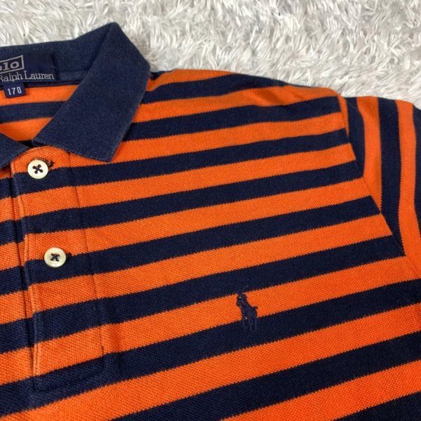 Polo by Ralph Lauren 半袖ポロシャツ オレンジ系 ポロバイラルフローレン ボーダー ネイビー 紺色 ワンポイント刺 コットン 170 B1301の画像4