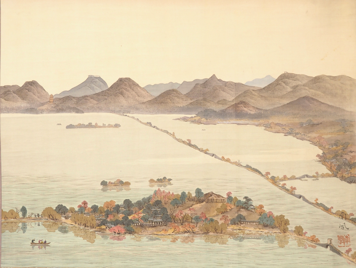 [ genuine work ][. deer .][. mountain south manner ] 7812.. hanging scroll Japanese picture lake . landscape painting . box silk book@ scenery map Kumamoto . height . wide lake width mountain large . Zaimei 
