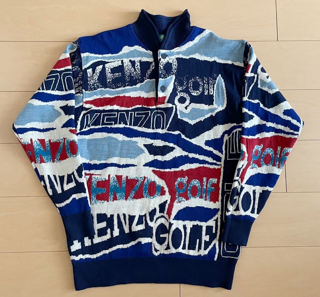 【レア】　90s　KENZO GOLF　ケンゾー　総柄　奇抜　希少デザイン　長袖ゴルフニットセーター　ニットシャツ　メンズ　Lサイズ　日本製
