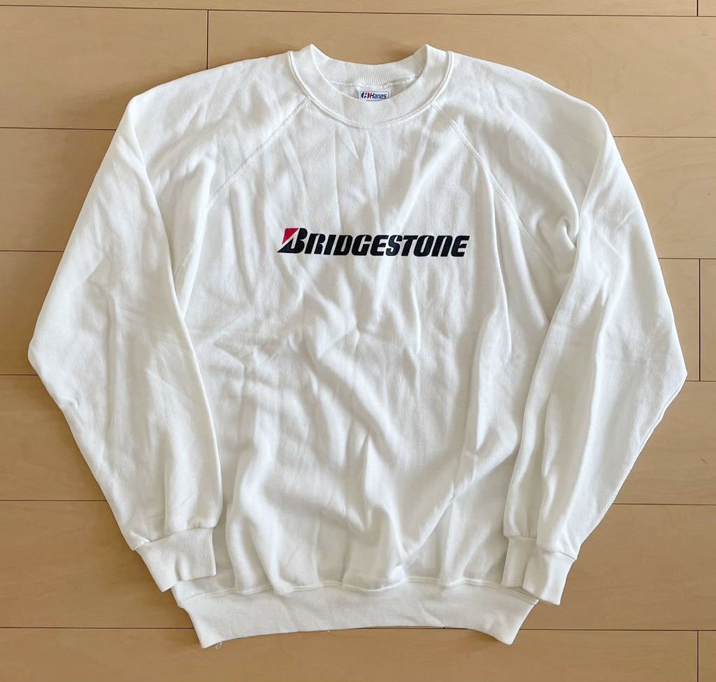 80s　USA製　Hanes　ヘインズ　BRIDGESTONE　ブリジストン　スウェットトレーナー　ホワイト　メンズ　Lサイズ　US古着　美品　状態良好