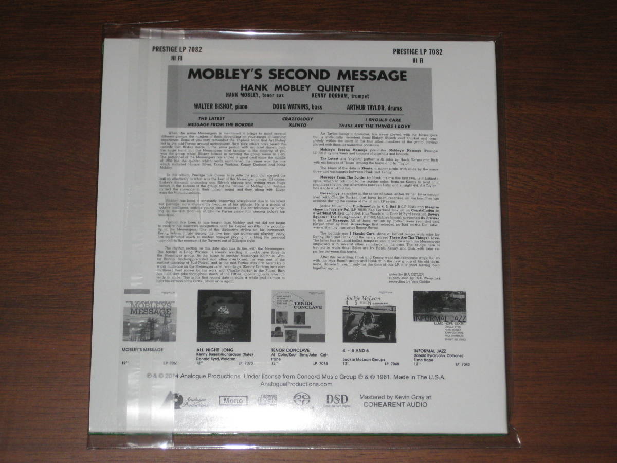 HANK MOBLEY ハンク・モブレー/ MOBLEY'S SECOND MESSAGE 2014年発売 紙ジャケ Analogue P社 Hybrid SACD 輸入盤_画像2