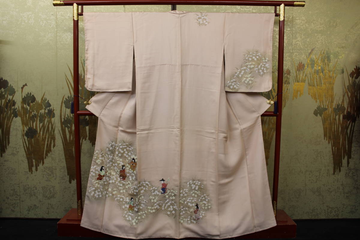 きもの今昔５１１７　附下訪問着　シツケ付きも使用品　正絹袷手縫仕立　ローズ系アイボリー地野の花と女の子　身丈１６１ｃｍ