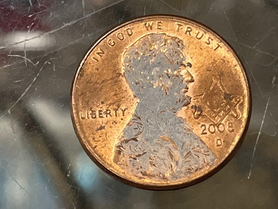 フリーメイソン コイン 硬貨 アメリカ 1セント リンカーン 秘密結社 イルミナティ お守り 2008年 エングレービング 彫刻 米軍 米軍基地 _画像2