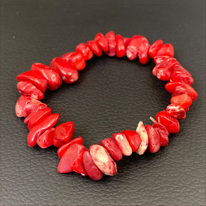 [BRACELET] Natural Red Sea Coral Chip Beads ナチュラル 赤珊瑚 イレギュラーチップ 伸縮ライン シングル ブレスレット 【送料無料】_画像2