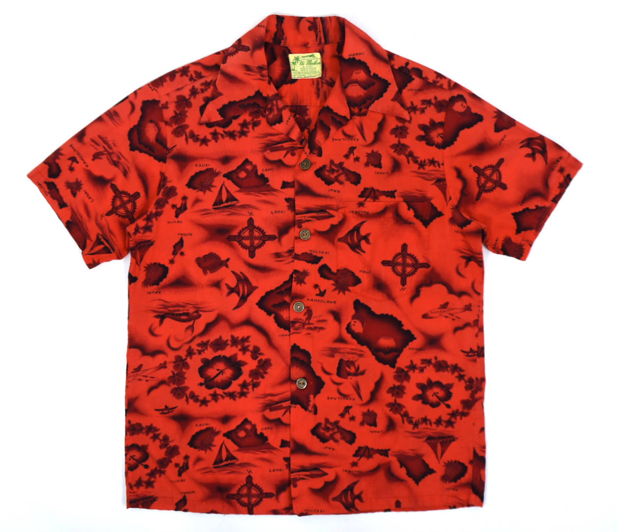 美品 1960-70s Ui-maikai Cotton aloha shirts M MADE IN HAWAII Red ヴィンテージ コットンアロハシャツ 開襟半袖シャツ ハワイ レッド 赤