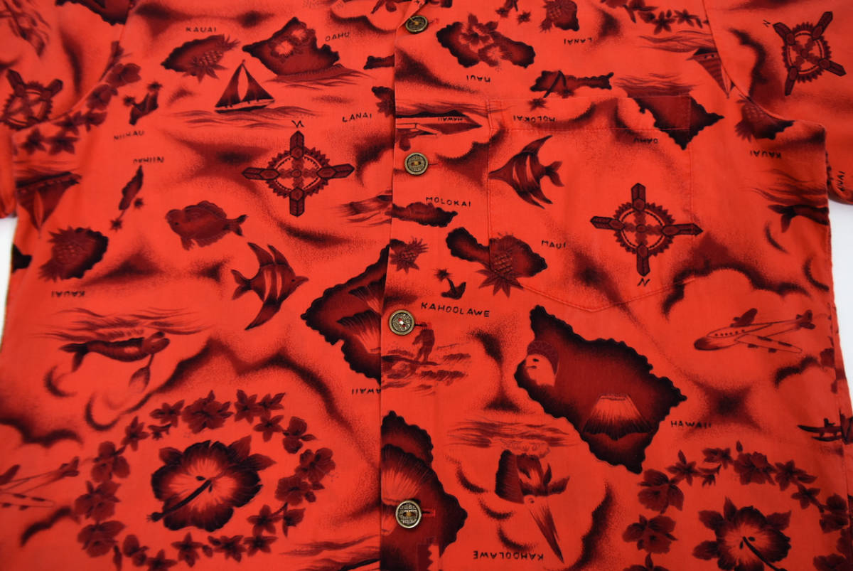 美品 1960-70s Ui-maikai Cotton aloha shirts M MADE IN HAWAII Red ヴィンテージ コットンアロハシャツ 開襟半袖シャツ ハワイ レッド 赤_画像4