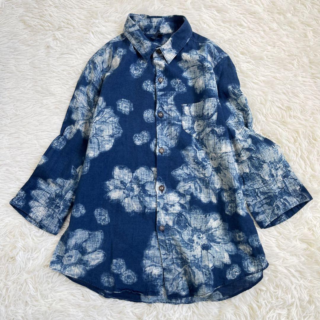 【美品】45R シャツ ブラウス　花柄　フラワー　藍染め　インディゴ染め　和柄_画像1