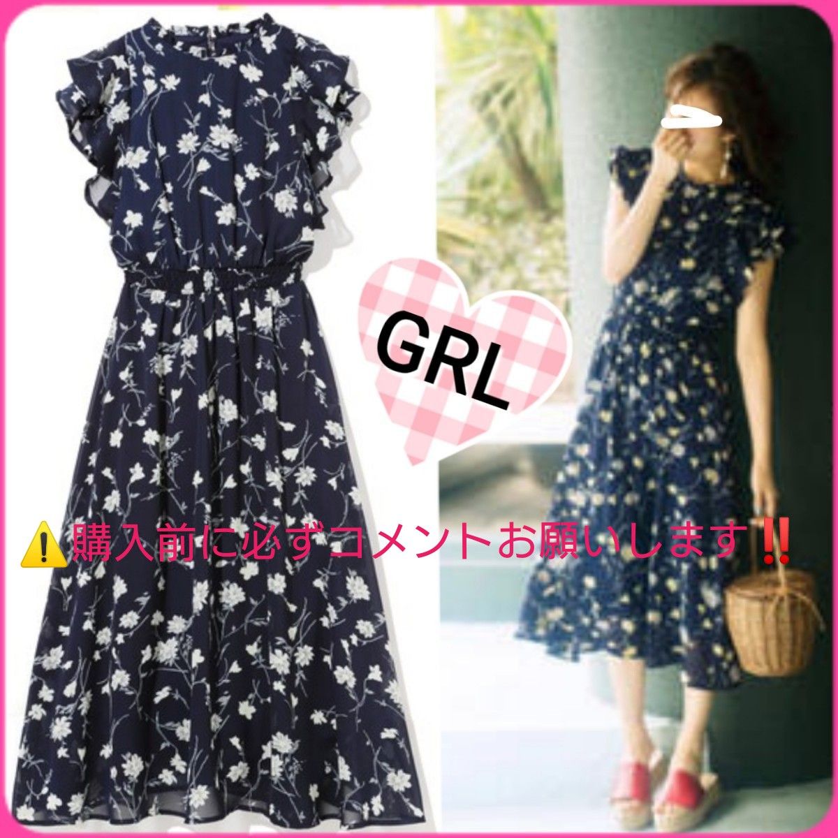 GRL 花柄 ノースリーブ フリルスリーブ ワンピース ネイビー GRL 花柄 ノースリーブ フリルスリーブ ワンピース ネイビー