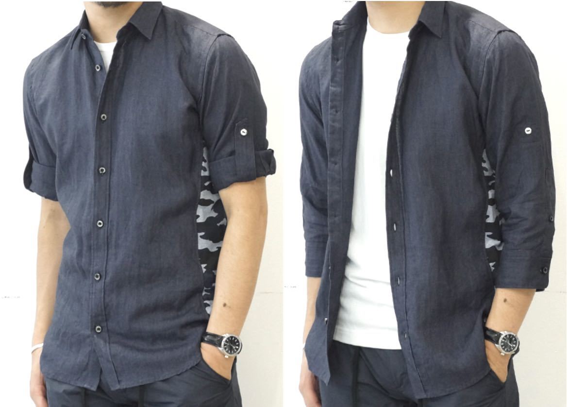 美品 希少 定価23760円 junhashimoto 17SS サイド 迷彩 切り替え 7分袖 リネン シャツ 4 ウォッシュ インディゴ ネイビー ジュンハシモト