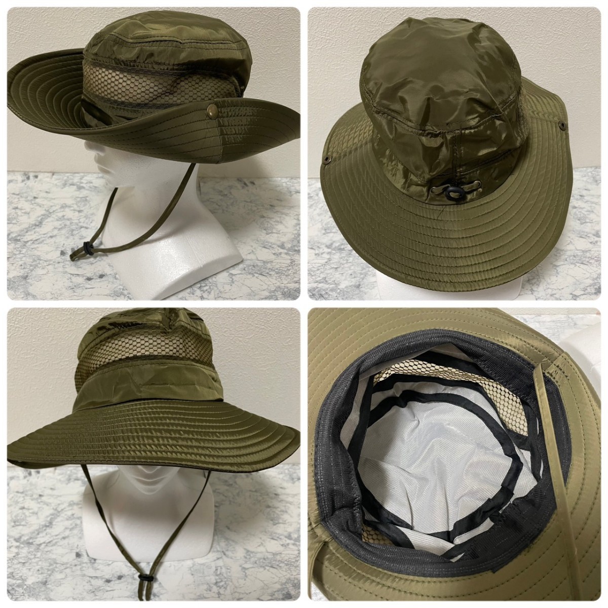 サファリハット メッシュ UV対策 帽子 バケハ 紐付き ユニセックス グリーン カーキ