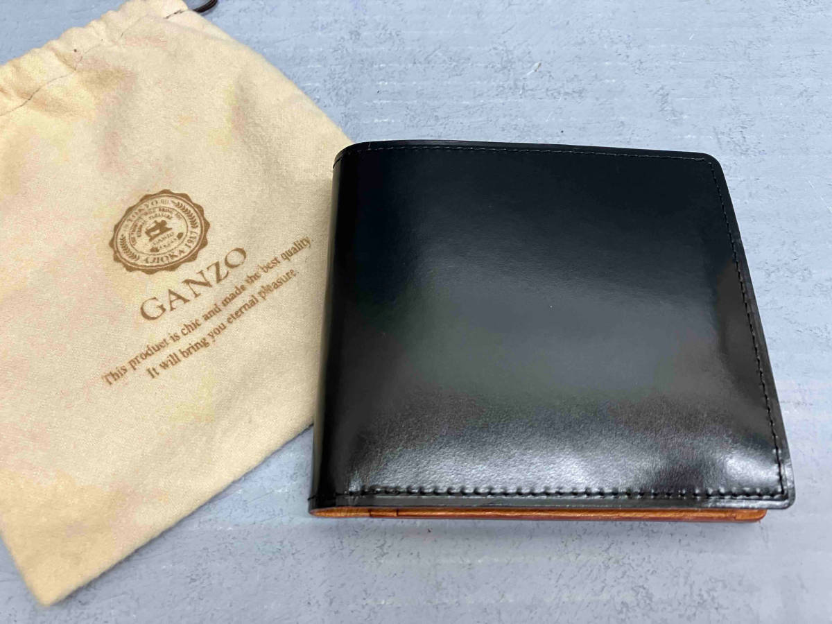 GANZO ガンゾ 二つ折り財布 小銭入れあり THIN BRIDLE シンブライドルレザー ブラック 日本製 ヌメ革 収納袋付き_画像1