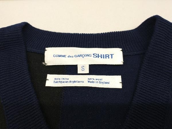 COMME des GARCONS SHIRT コムデギャルソンシャツ ニットベスト Vネック ブルー×ブラック S ウール イギリス製_画像4