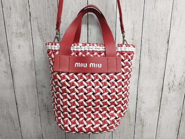 MIU MIU／ミュウミュウ ウーブンバケットバッグ 5BE022 クロスバッグ レッド ホワイト レザー