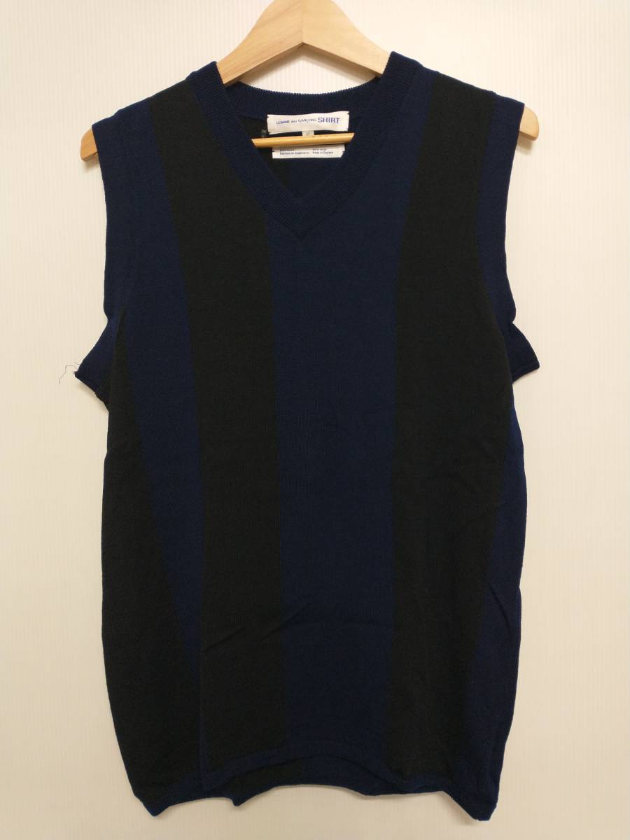 COMME des GARCONS SHIRT コムデギャルソンシャツ ニットベスト Vネック ブルー×ブラック S ウール イギリス製_画像1