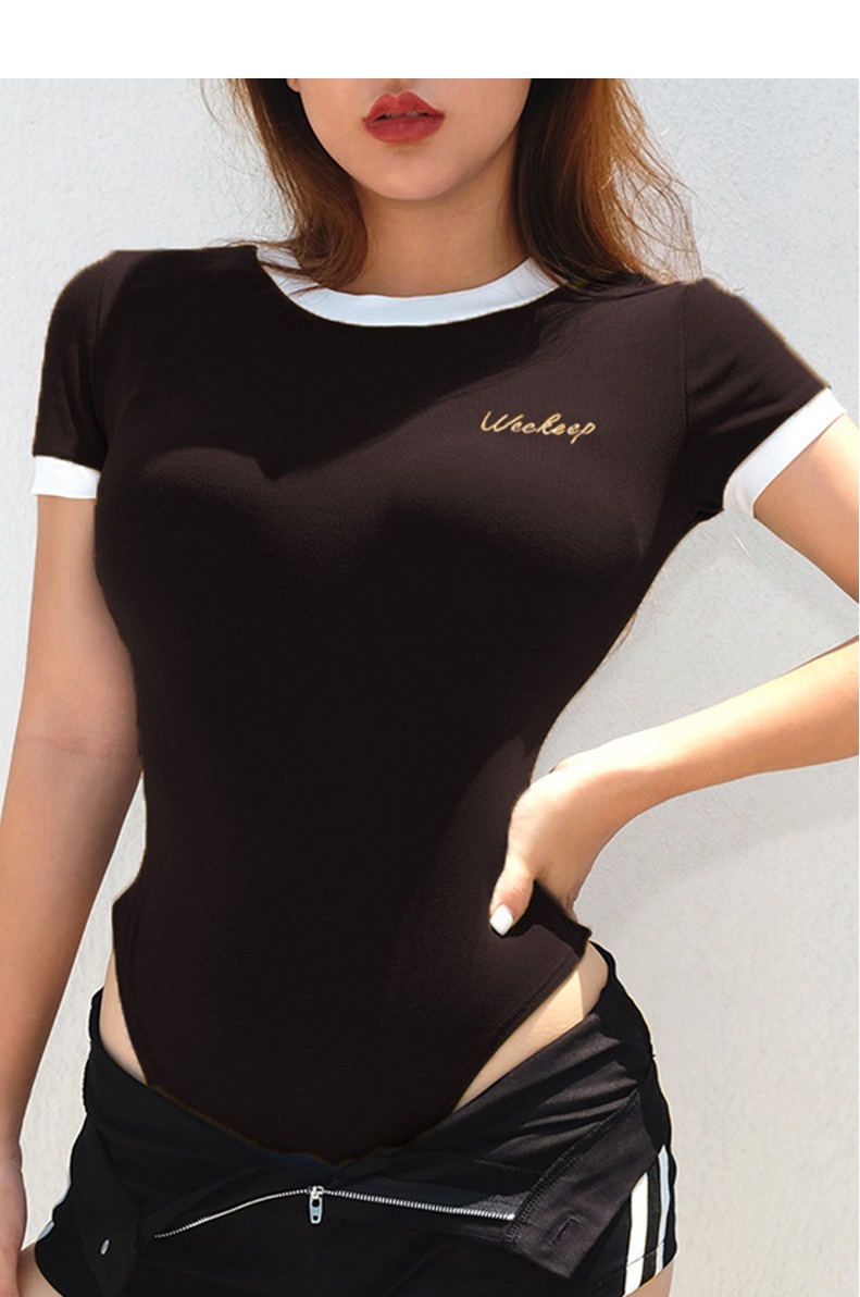  elegant короткий рукав высокий ноги Leotard черный chi часть открытие и закрытие свободный боди женский внутренний футболка костюм L чёрный цвет 