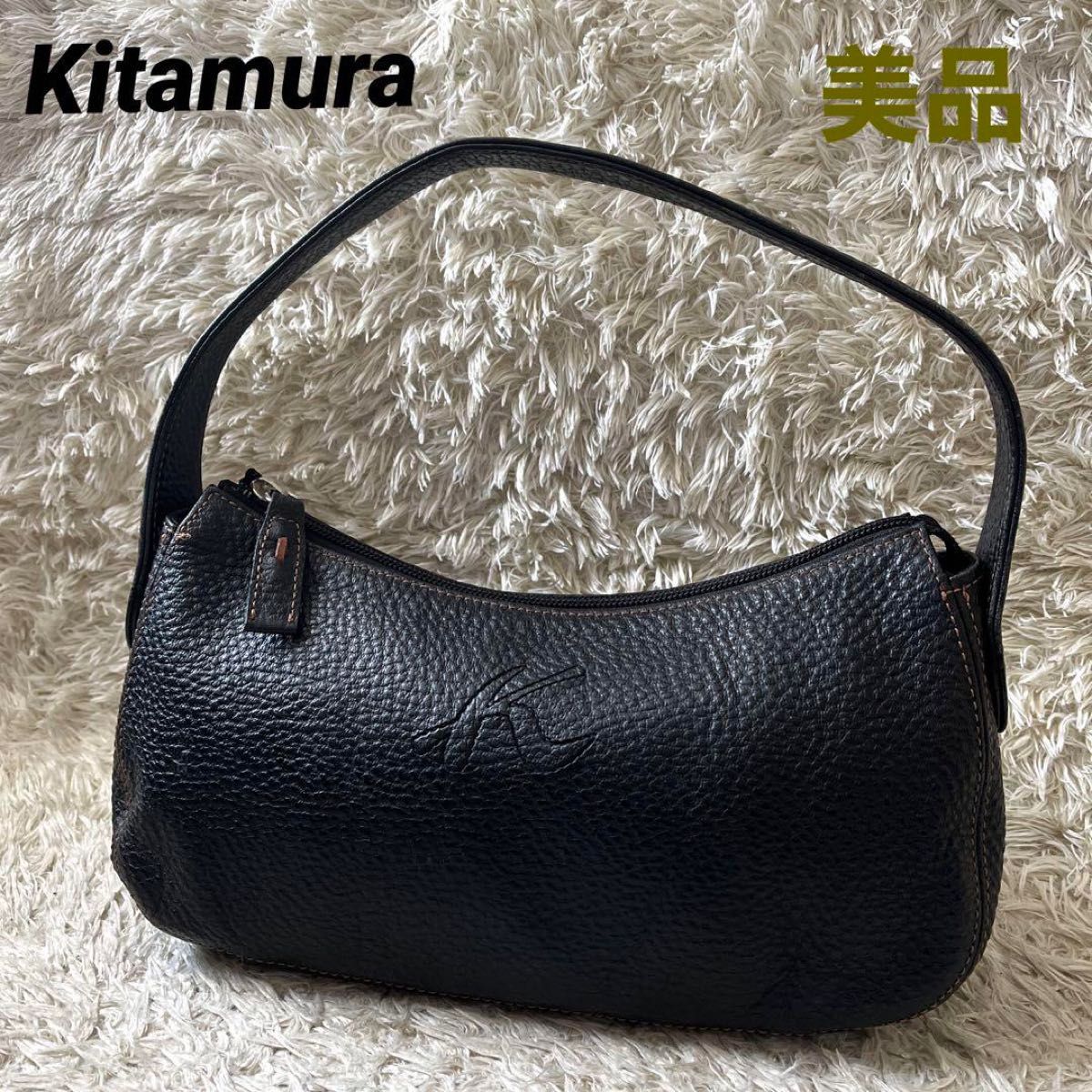 Kitamura キタムラ ハンドバッグ ワンハンドル 肩掛け ステッチ レザー ブラック黒