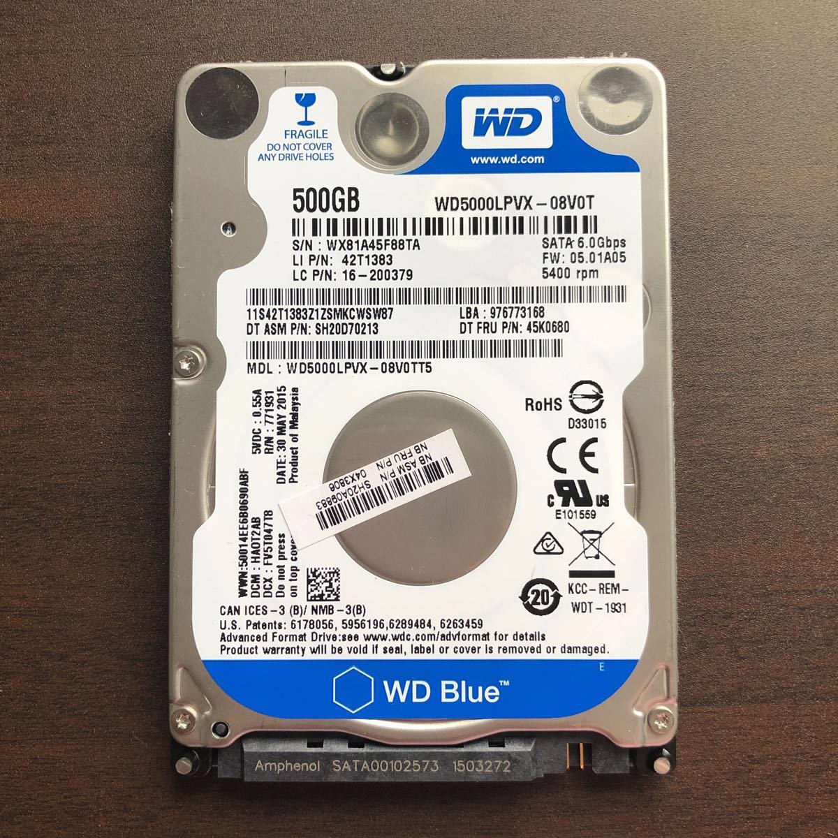 ★動作確認済★2.5インチ WD5000LPVX 7mm 500GB SATA HDD WD Blue 中古品_画像1