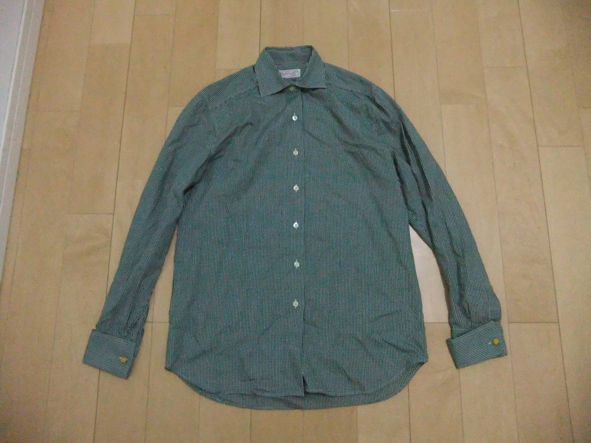 MADE IN FRANCE fil a fil サイズ38 チェックシャツ フランス製 白緑 100%cotton