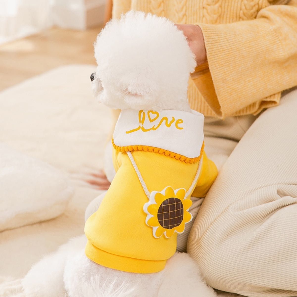 新作  黄色ひまわり　可愛い 小中型犬服 ドッグウェア 裏起毛　ペット　防寒