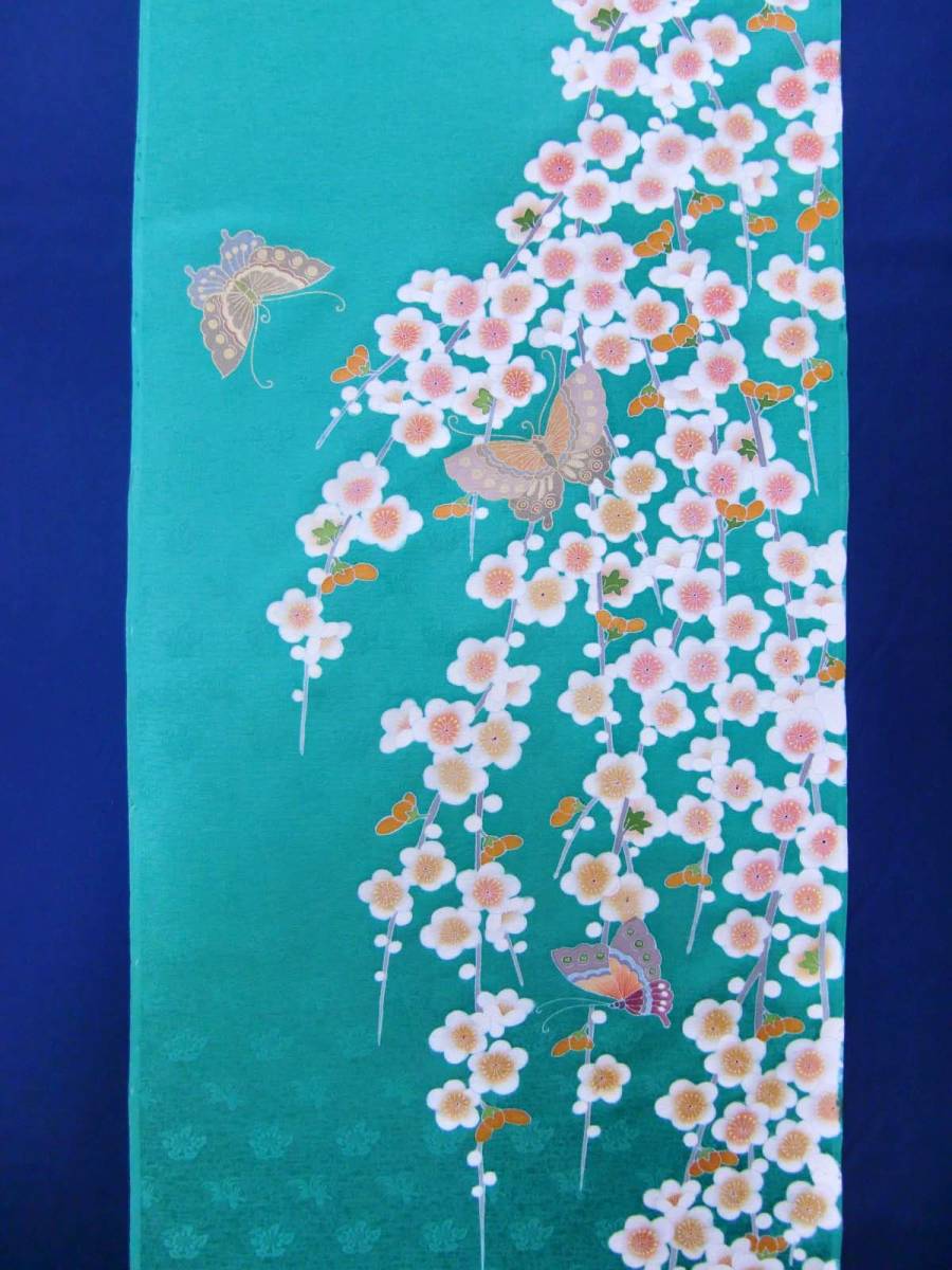 新品】 手描き友禅 付下げ 枝垂れ梅に蝶 グリーン 丹後ちりめん