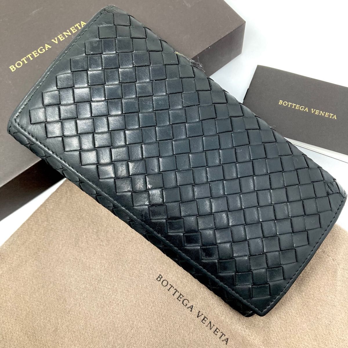 良品 ボッテガ ヴェネタ 長財布 イントレチャート 白タグ付き ブラック メンズ BOTTEGA VENETA ブラック