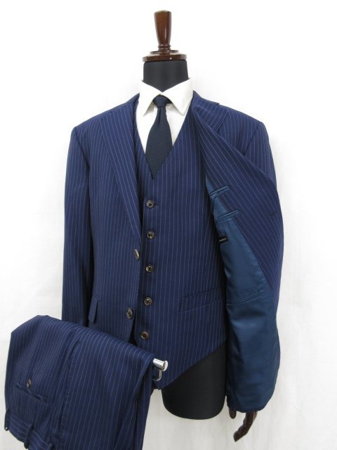 HH美品 【麻布テーラー azabu tailor】 2ボタン 2パンツ 3ピース スーツ (メンズ) size52B/91 ネイビー系 ストライプ柄 ◎27RMS4742_画像1