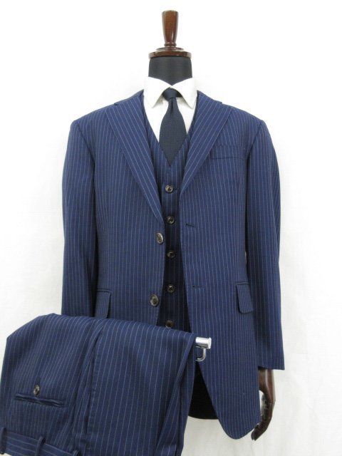 HH美品 【麻布テーラー azabu tailor】 2ボタン 2パンツ 3ピース スーツ (メンズ) size52B/91 ネイビー系 ストライプ柄 ◎27RMS4742_画像3