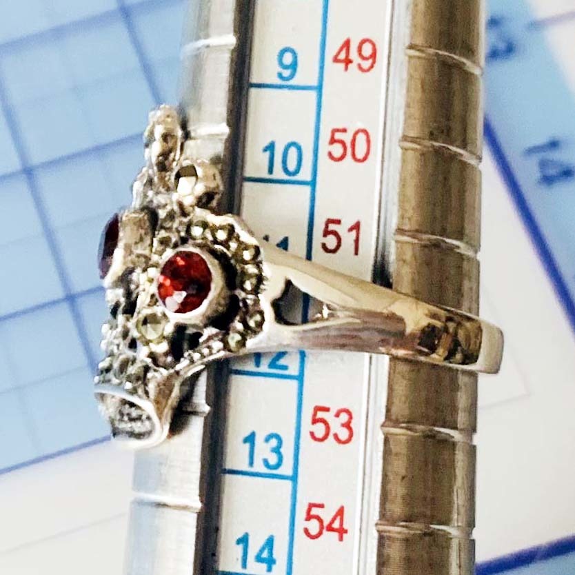 美品 天然ボヘミアンガーネット マーカサイト 王冠モチーフ 925シルバー銀製 指輪リング サイズ約＃１２ No.5081の画像4