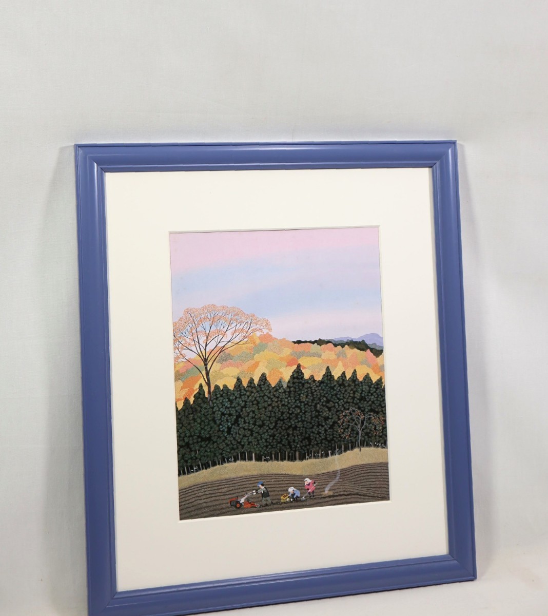 原田泰治 オフセット「こんにゃく畑」画 25×31cm 群馬県、七ケ宿町 紅葉に彩られた山ぎわの畑でこんにゃく玉の収穫 原画は1994年作品 7481の画像9